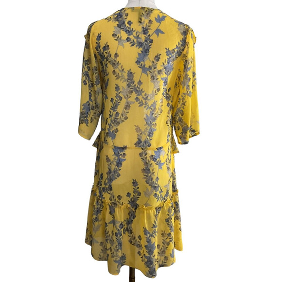 BCBGMAXAZRIA XXS Yellow Dress Floral V-Neck Ruffle Tiered Hemline Polyester - Picture 2 of 12
